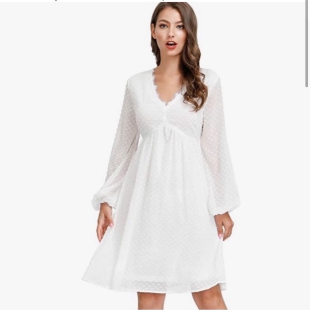 Jasambac White Swiss Dot lace trim Vneck Dress- 2XL